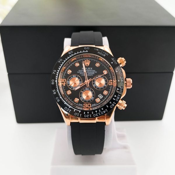 ROL_EX DayTona Silicone belt Stylish Black Dial Rose gold Case  “Chronograph Working” Men’s Watch