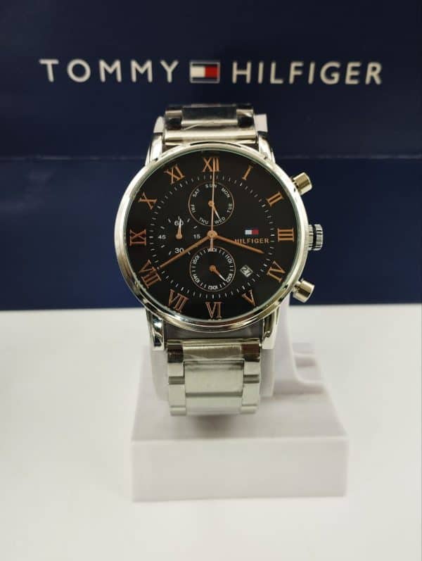 Tom_my Hil_figer Chronograph Working And Calendar Active "Black Dial, Rose Gold Digit, Silver Chain"- Men's Watch.