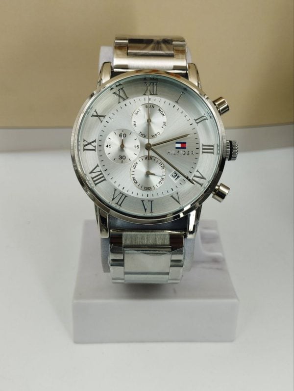 Tom_my Hil_figer Chronograph Working “White Dial, Silver Chain”- Men’s Watch.