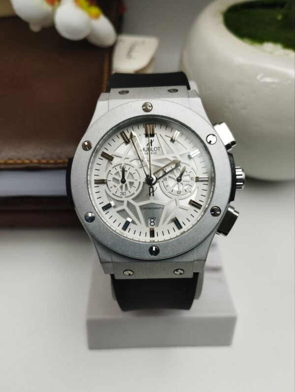 HUB_LOT BIG BANG-Black Silicon Belt, White Dial, Silver Case, Luxury Watch For Men.