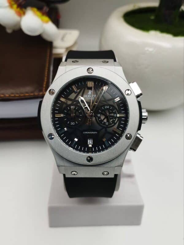 HUB_LOT BIG BANG-Black Silicon Belt, Black Dial, Silver Case, Luxury Watch For Men.