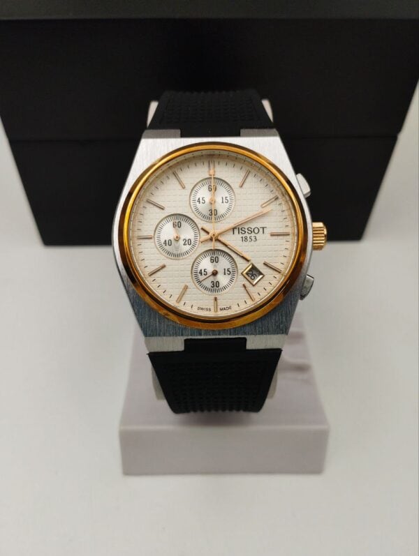 TISSOT PRX 40MM Quartz Black Rubber belt OffWhite Dial golden case Men’s Watch.