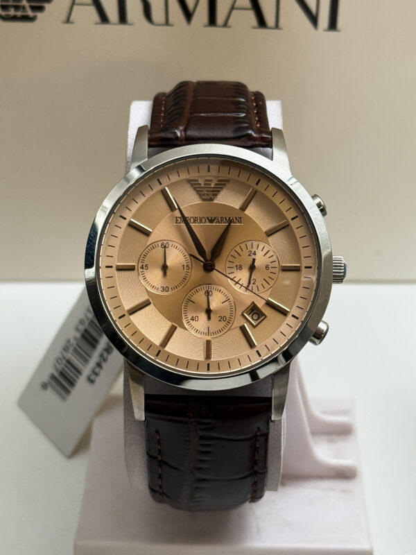 Emporio Armani Mens Classic Chronograph Cream Face Brown Leather Strap Watch AR2433.